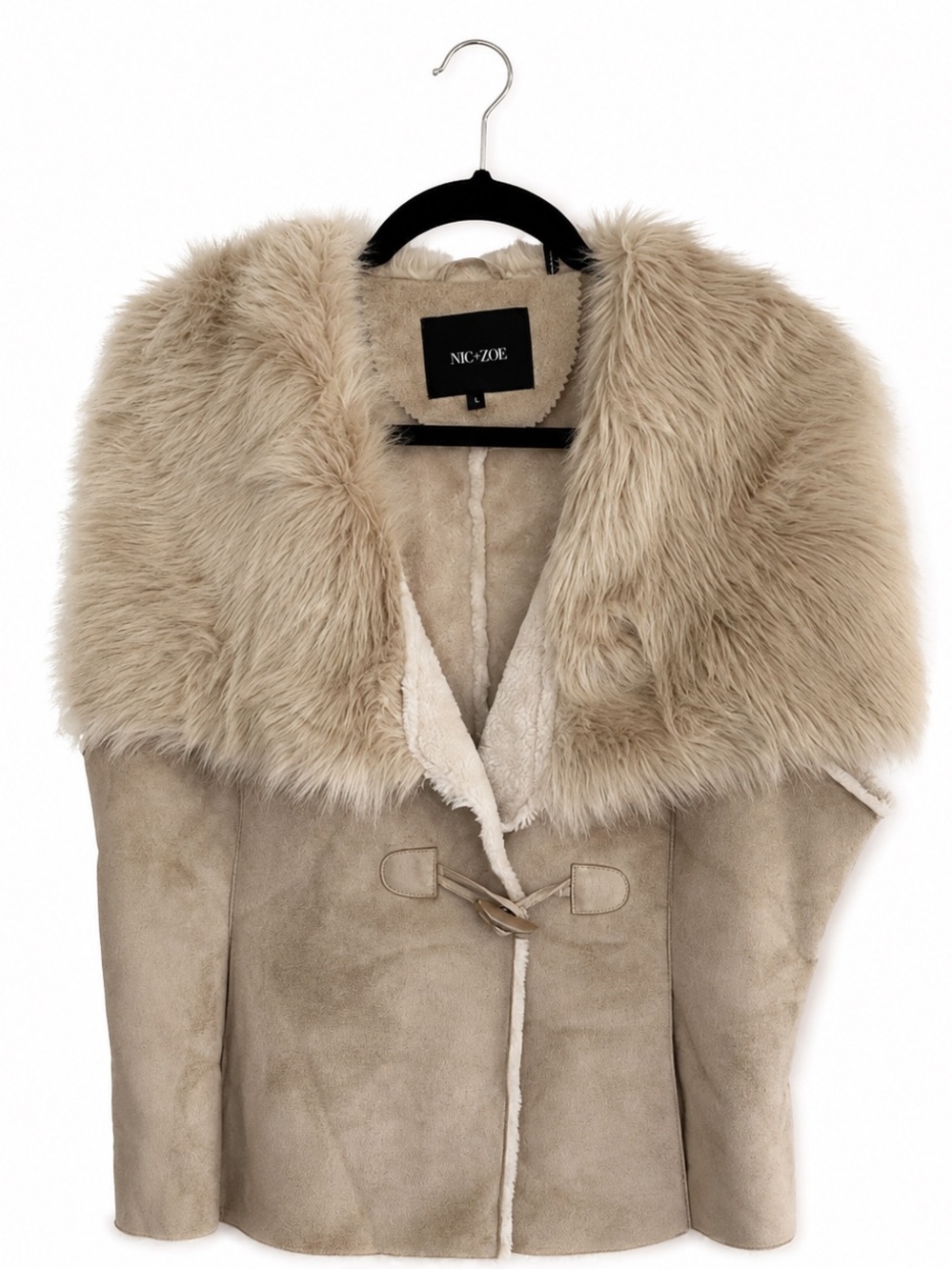 NIC+ZOE Faux Fur Collar Sherpa Suede Cape Vest NWT Large Taupe Cozy Luxe